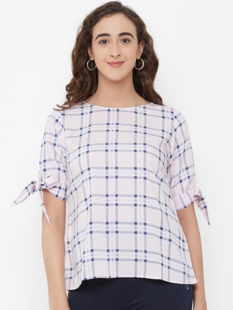 

109F Women Pink & Navy Blue Checked Top