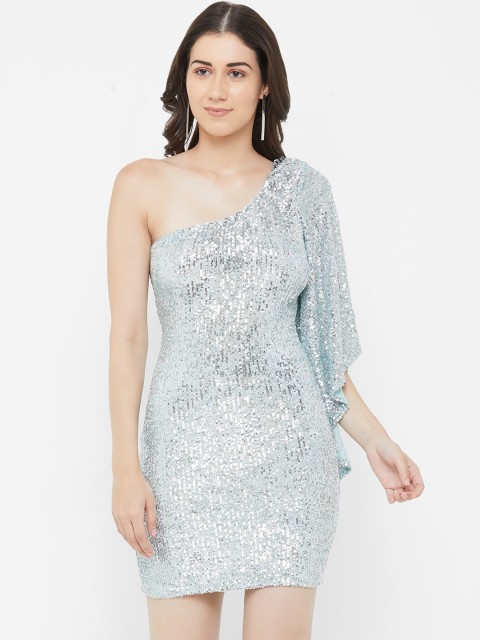 

bebe Women Teal Blue & Silver-Coloured Embellished Sheath Dress