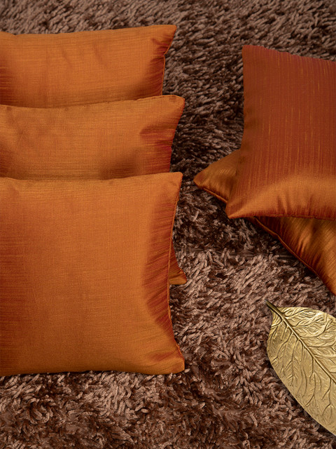 

HOUZZCODE Rust Orange Set of 5 Self Design Square Cushion Covers