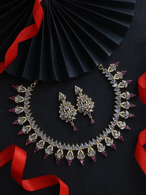 

Voylla Gold-Plated White & Magenta CZ-Studded Handcrafted Jewellery Set