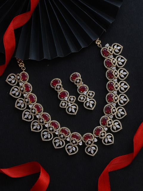 

Voylla Gold-Plated White & Pink CZ Gemstones Embellished Handcrafted Jewellery Set