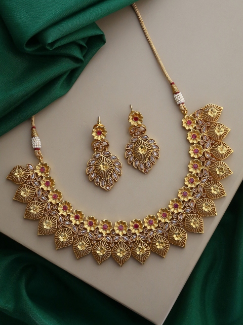 

Voylla Gold-Plated Red & Beige Stone-Studded Handcrafted Jewellery Set