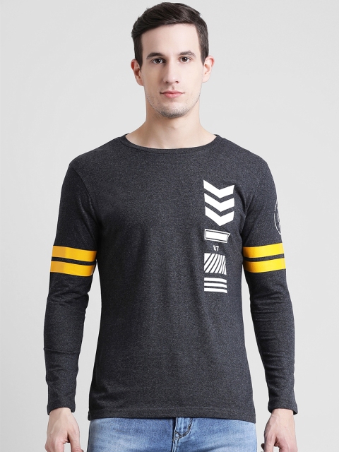 

oneliner Men Charcoal Grey & White Printed Slim Fit Round Neck T-shirt