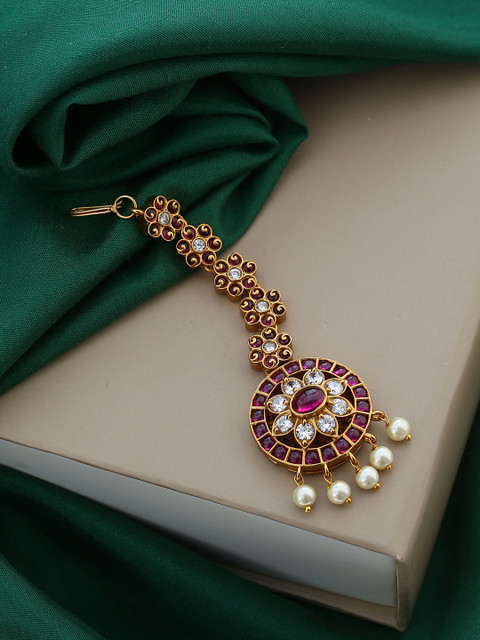 

Voylla Gold-Plated Beige & Pink Faux Kundan Gems Studded Maang Tikka
