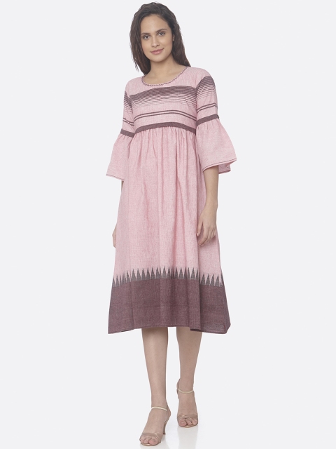 

RAISIN Women Pink & Maroon Striped Fit and Flare Dress