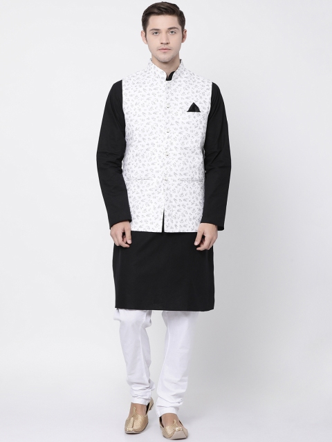 

TABARD Men White & Black Solid Kurta with Churidar & Nehru jacket