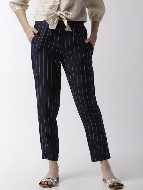

De Moza Women Blue Slim Fit Striped Cigarette Trousers