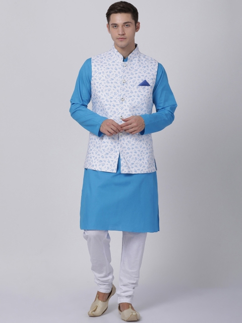 

TABARD Men White & Blue Solid Kurta with Churidar & Nehru jacket