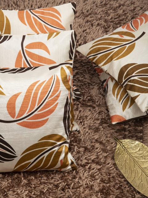 

HOUZZCODE Off-White & Brown Set of 5 Floral Square Cushion Covers
