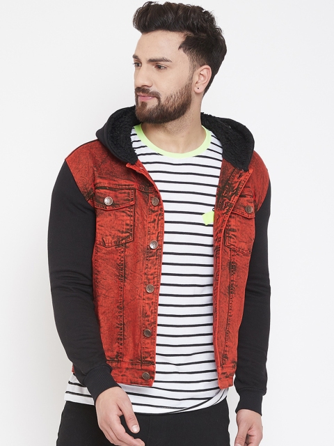 

FUGAZEE Men Rust Brown & Black Solid Denim Hooded Jacket