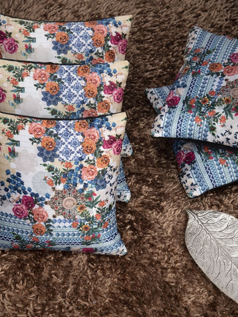 

HOUZZCODE Set of 5 Off-White & Blue Floral Square Cushion Covers