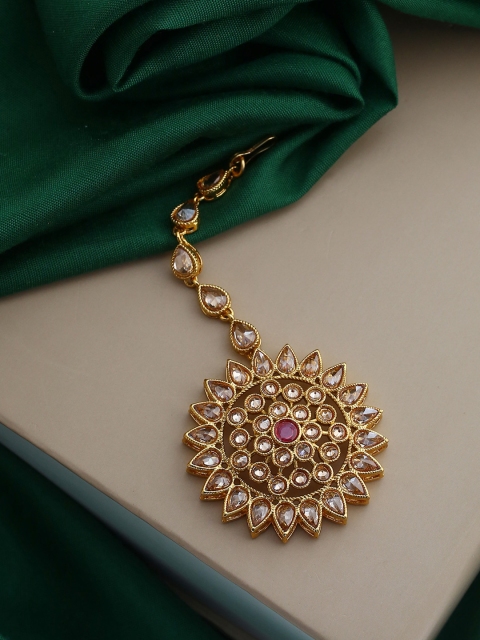 

Voylla Yellow Gold-Plated Beige & Pink Faux Kundan Gems Studded Maang Tikka