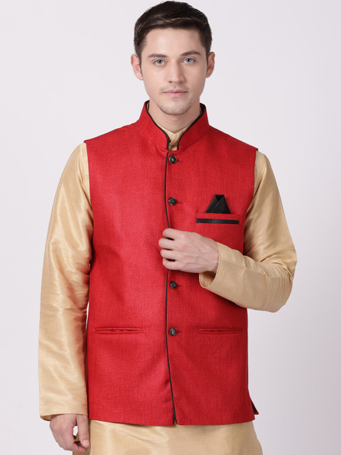 

TABARD Men Red Solid Woven Pure Cotton Nehru Jacket
