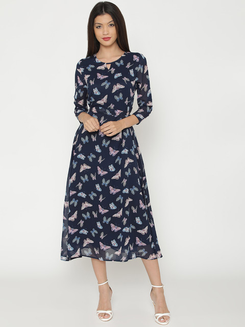 

Yaadleen Women Navy Blue &Pink Printed Fit and Flare Dress