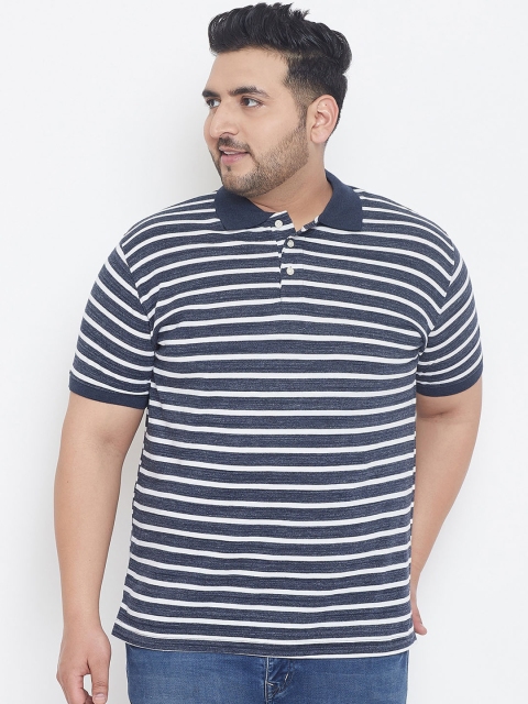 

bigbanana Plus Size Men Blue White Striped Polo Collar T-shirt