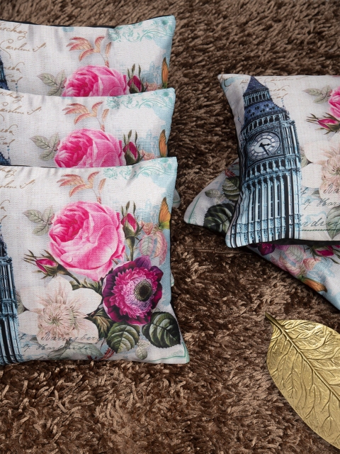 

HOUZZCODE Set of 5 Off-White & Pink Floral Square Cushion Covers