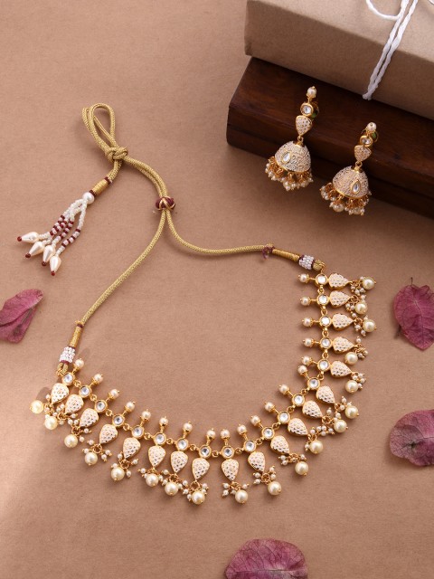 

Tistabene Gold-Plated Cream-Coloured Enamelled Stone & Pearl Embellished Choker Jewellery Set