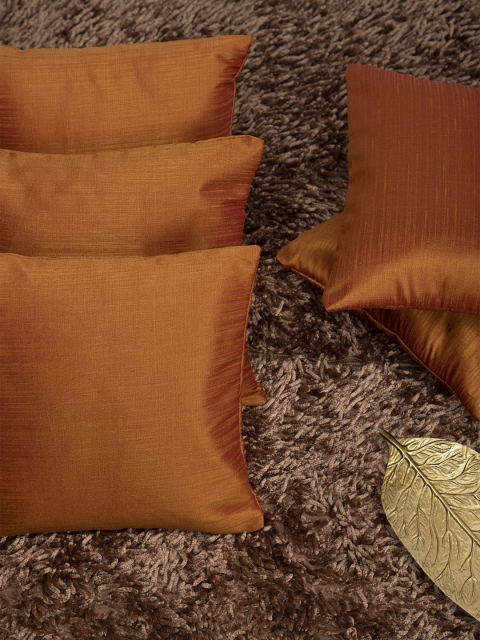 

HOUZZCODE Rust Orange Set of 5 Self Design Square Cushion Covers