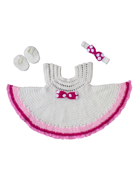 

Woonie Girls Off-White Self Design Fit and Flare Dress with Headband & bow Tie