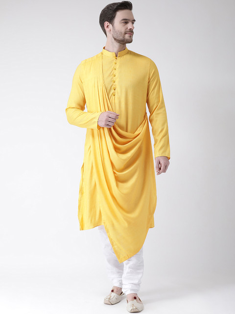 

DEYANN Men Yellow & White Solid Kurta with Churidar & Attached Dupatta