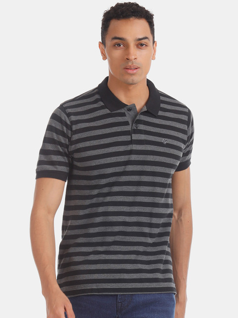 

Ruggers Men Grey & Navy Blue Striped Polo Collar T-shirt