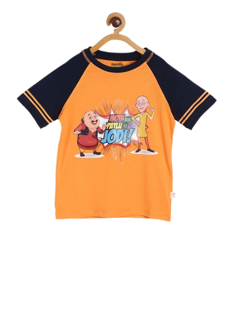 

toothless Boys Orange & Black Motu Patlu Printed Round Neck T-shirt