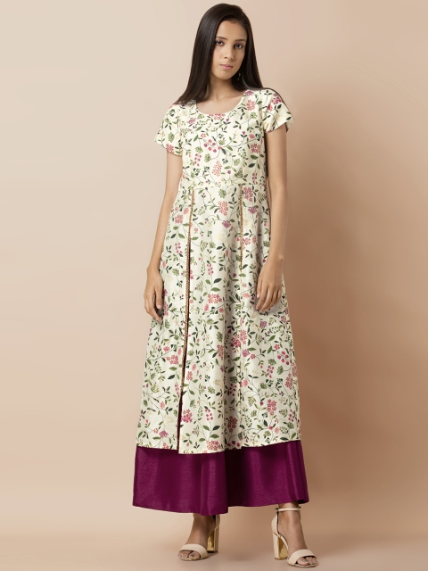 

INDYA Women Ivory Wine Slit Front Dress with Attached Skirt, White