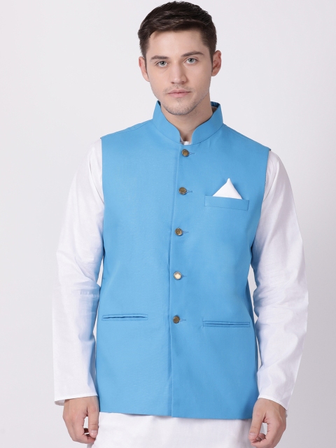 

TABARD Men Blue Solid Woven Pure Cotton Nehru Jacket