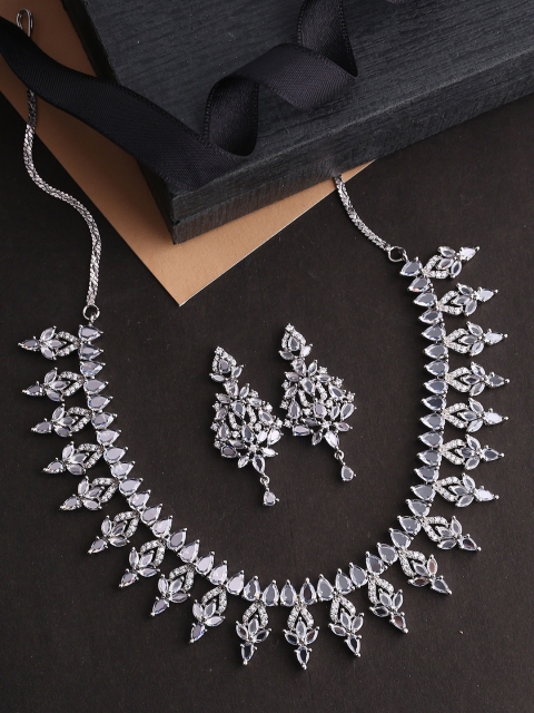 

Voylla Silver-Plated & Grey CZ Gemstones Embellished Handcrafted Jewellery Set