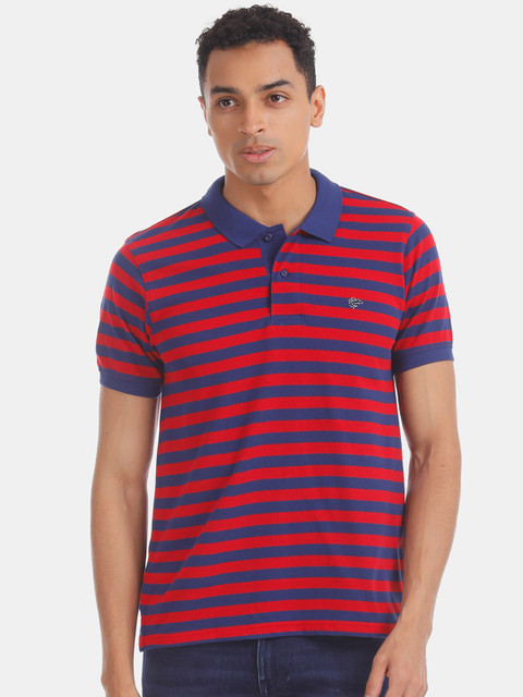 

Ruggers Men Red & Navy Blue Striped Polo Collar T-shirt