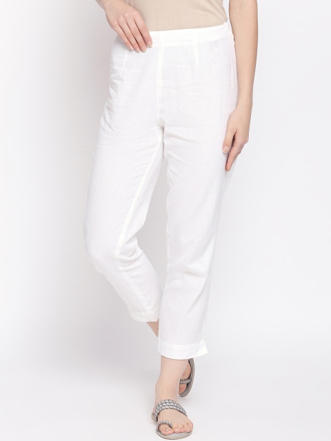 

RANGMANCH BY PANTALOONS Women Off-White Slim Fit Solid Cigarette Trousers