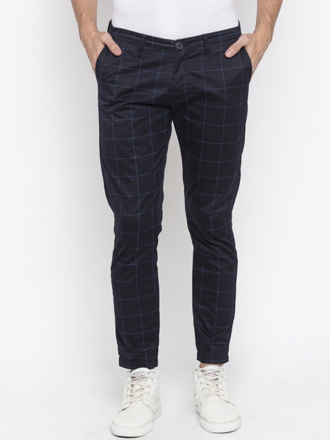 

SPYKAR Men Navy Blue Tapered Fit Checked Regular Trousers