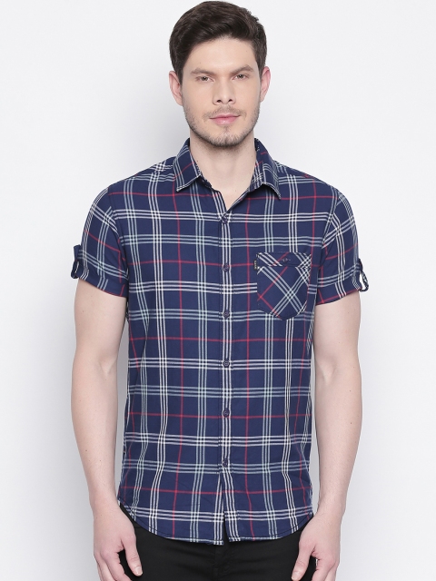 

Mufti Men Navy Blue & White Slim Fit Checked Casual Shirt