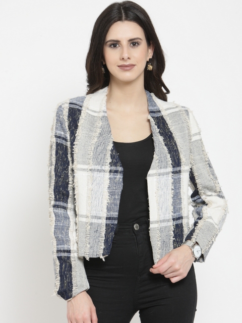 

AUDSTRO Women Grey & Off-white Checked Collarless Open-Front Blazer