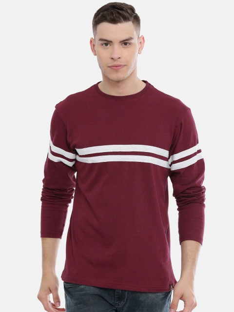 

Le Bison Men Maroon & White Striped Round Neck T-shirt