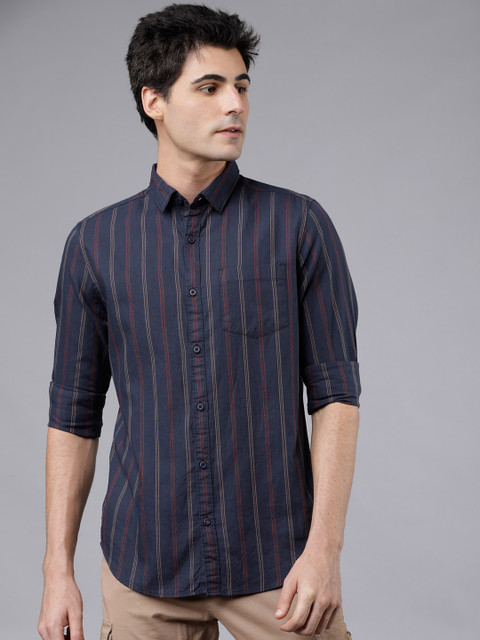 

HIGHLANDER Men Navy Blue Slim Fit Striped Casual Shirt