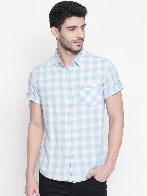 

Mufti Men Turquoise Blue & White Slim Fit Checked Casual Shirt
