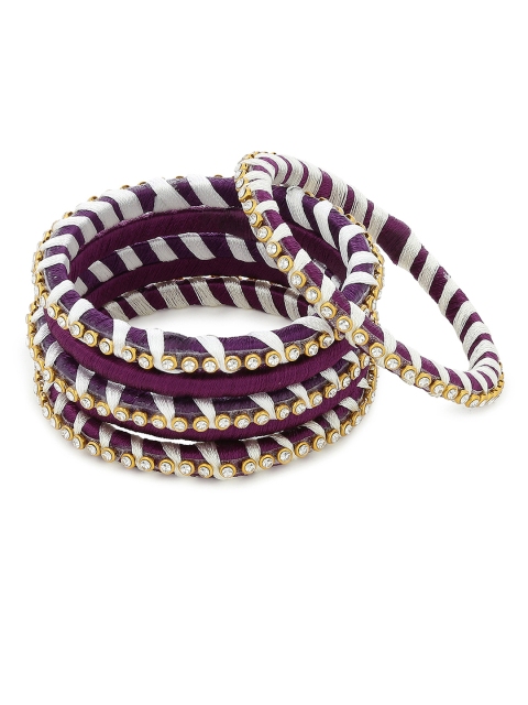 

AKSHARA Girls Set of 6 Purple & White Stone-Studded Handcrafted Silk Thread Bangles