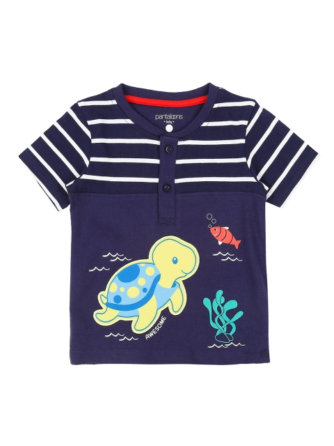 

Pantaloons Baby Boys Navy Blue Printed Henley Neck Pure Cotton T-shirt