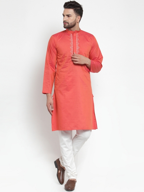 

NEUDIS Men Coral Pink Embroidered Handloom Straight Kurta