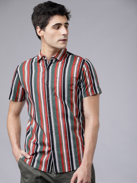 Men Black & Rust Slim Fit Striped Casual Shirt
