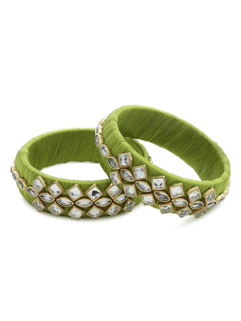 

AKSHARA Girls Set of 2 Green & White Stone-Studded Handcrafted Silk Thread Bangles