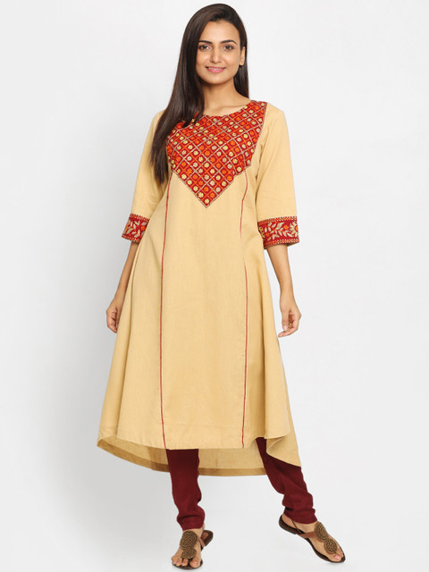 

Nakshi Women Beige & Red Embroidered A-Line Kurta