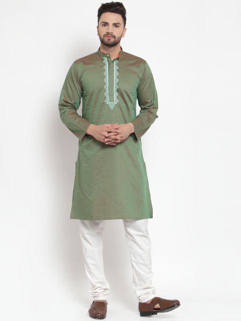 

NEUDIS Men Green Embroidered Handloom Straight Kurta