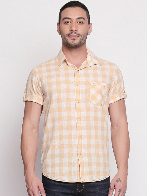 Mufti Men White & Yellow Slim Fit Checked Casual Shirt