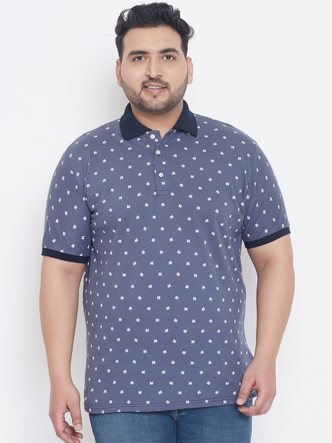 

bigbanana Plus Size Men Blue White Printed Polo Collar T-shirt