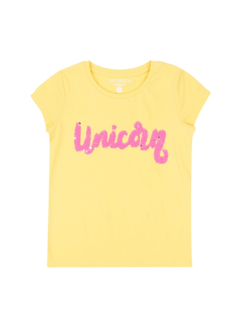 

Pantaloons Junior Girls Yellow Sequinned Round Neck Pure Cotton T-shirt