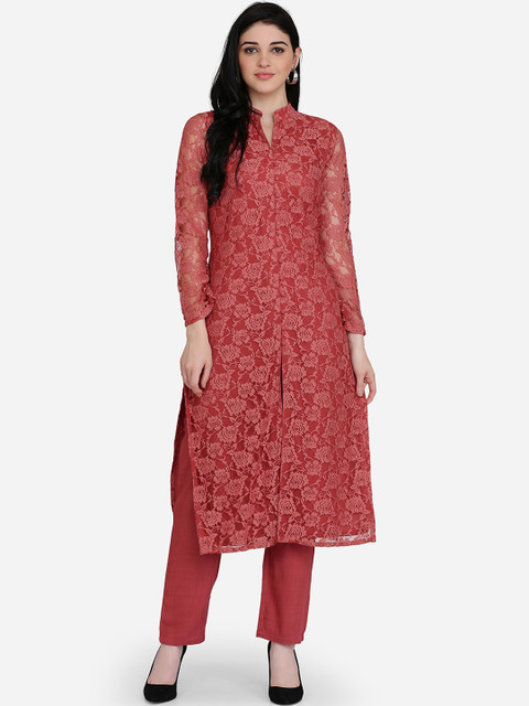 

Ojjasvi Women Red Woven Design Straight Kurta