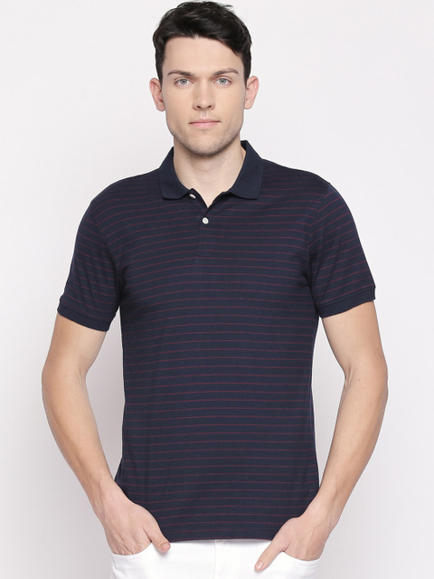 

BYFORD by Pantaloons Men Navy Blue & Red Striped Polo Collar T-shirt
