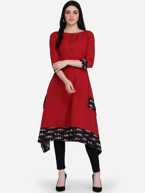

Ojjasvi Women Maroon & Black Printed Asymmetrical Hem A-Line Kurta